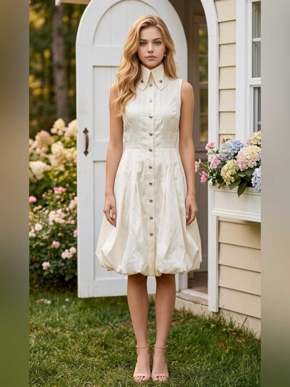 Frank Lyman Design Sleeveless Bubble-Hem Shirt Dress in Ivory
